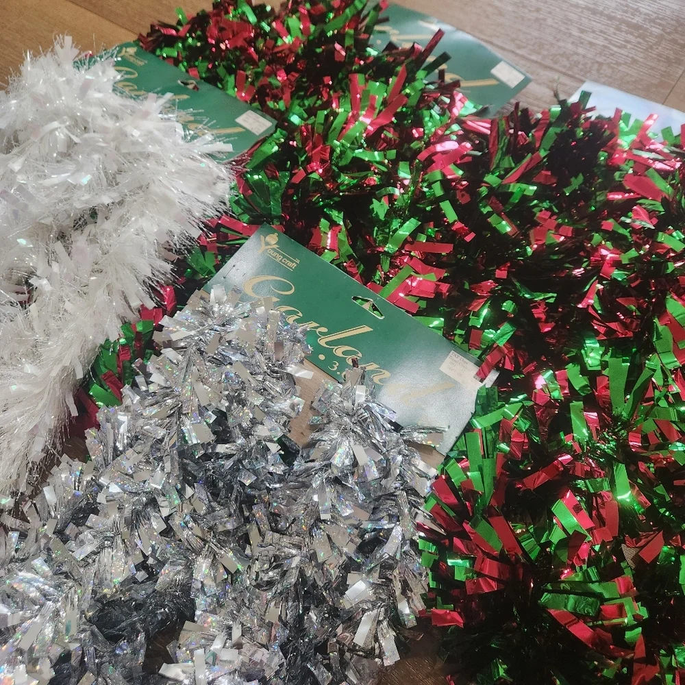 Bundle Of Deadstock Vtg Christmas 4 Garland 3 Tinsel Boxes MCM Y2K Sparkle